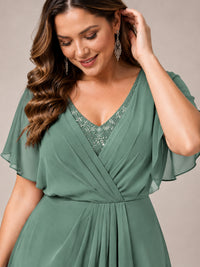 Navy Blue A-Line V-Neck Tea-Length Mother of the Bride Dress