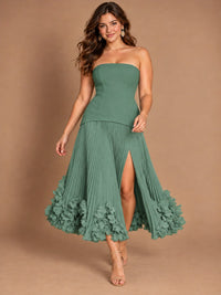 Navy Blue Strapless Pleated A-Line Midi Dress with 3D Floral Applique