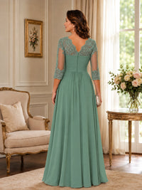 Chiffon Lace Applique Mother of the Bride Dress with 3/4 Sleeves