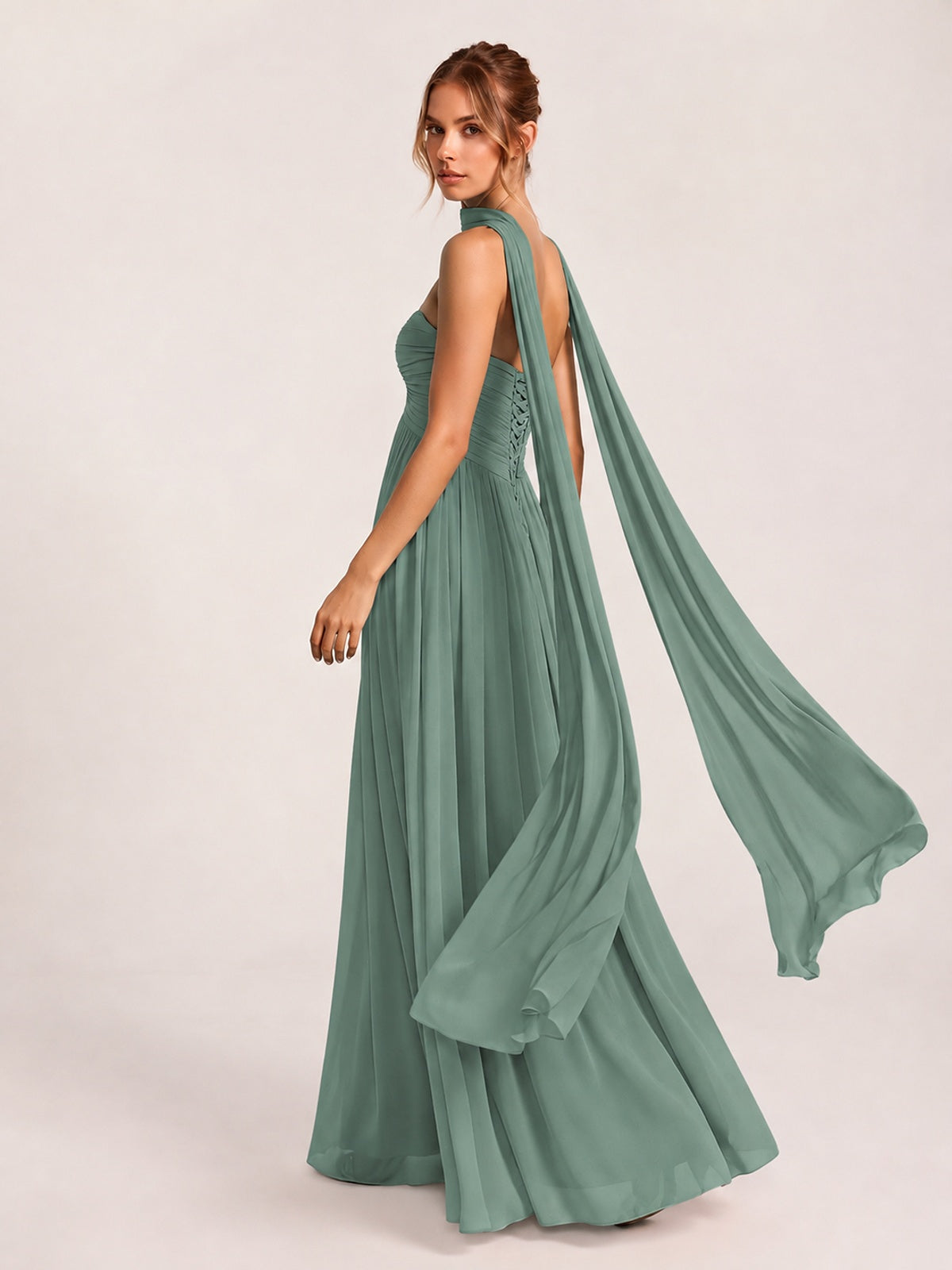 Strapless Ruched Chiffon Long Prom Dress with Scarf