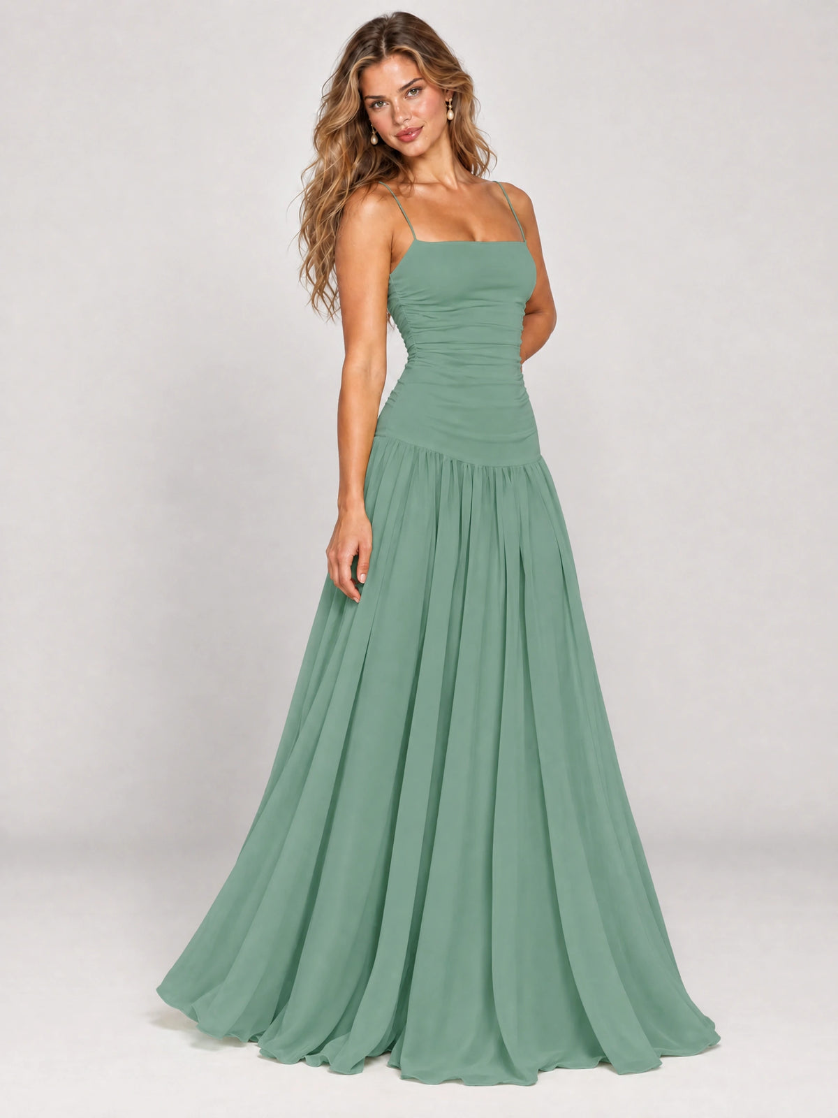 Butter Yellow Ruched Spaghetti Strap Drop-Waist Prom Dress