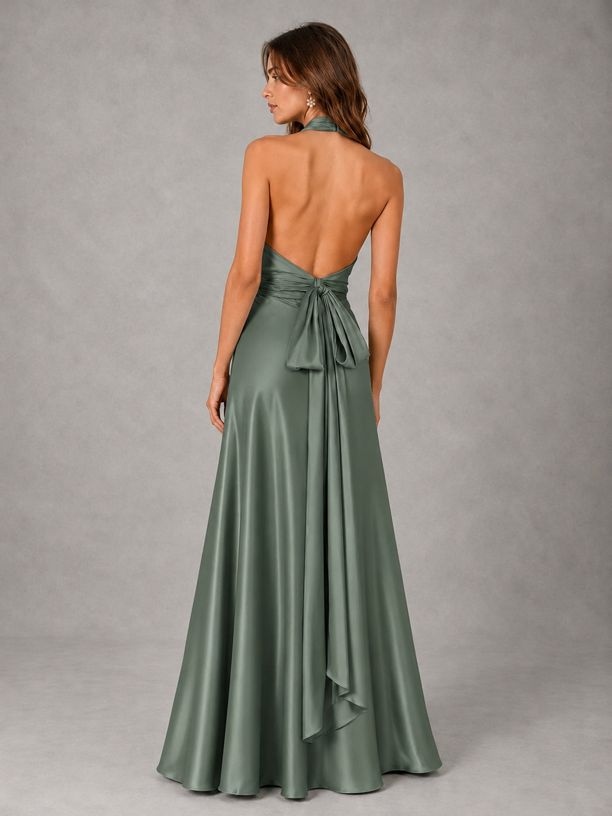 Sage Green Satin A-Line Bridesmaid Dress with Halter Neck