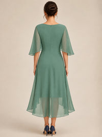 Cowl Neck Ruched Chiffon Mother of the Bride Dresses with Flutter Sleeves