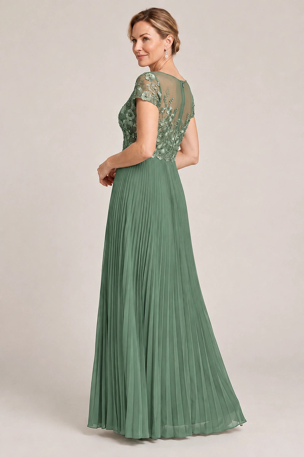 Embroidered Lace Pleated Mother of the Bride Dress