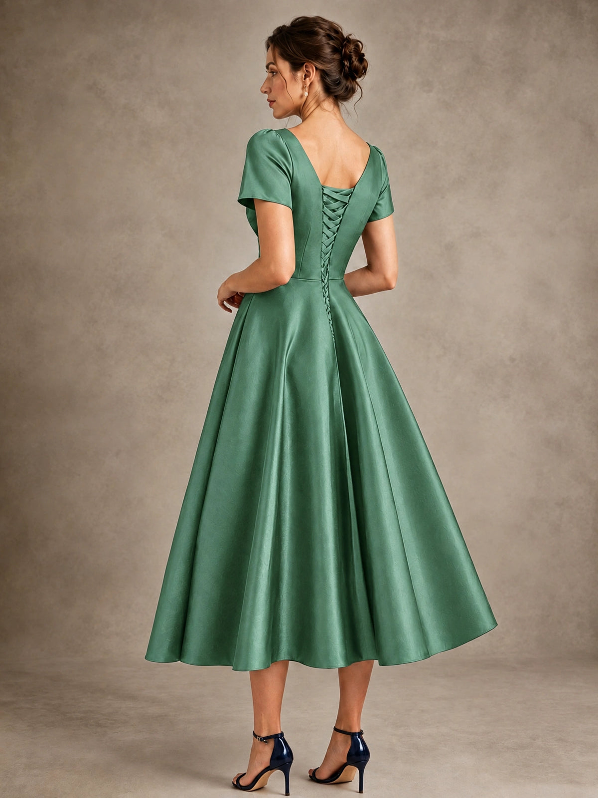 V-Neck Tea-Length Satin Mother of the Bride Dress with Bow