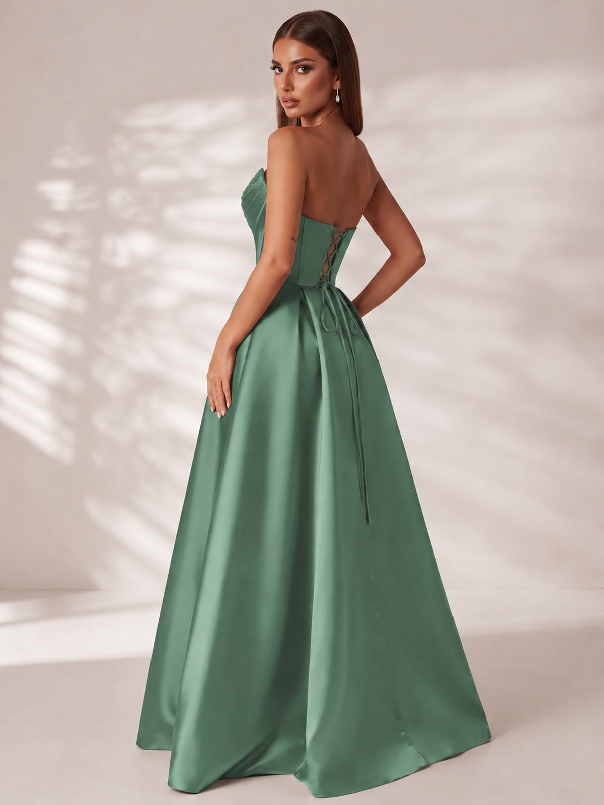 Strapless Corset Satin Prom Dress Long Evening Gown with High Slit