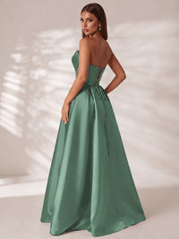 Strapless Corset Satin Prom Dress Long Evening Gown with High Slit