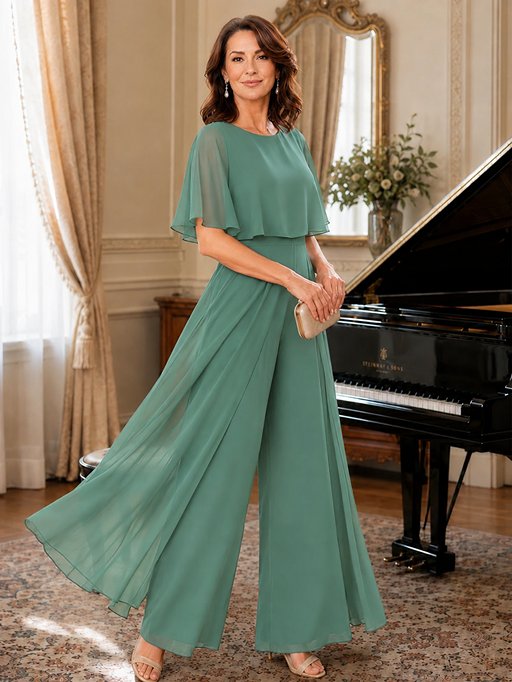Chiffon Mother of the Bride Jumpsuit with Layered Cape Sleeves