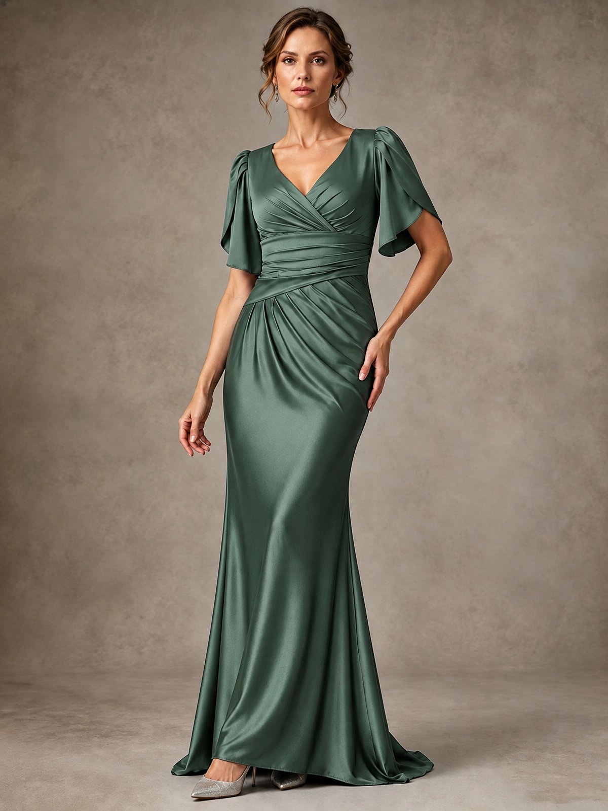 V-Neck Satin Mother of the Bride Dress with Flutter Sleeves