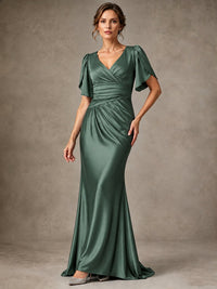 V-Neck Satin Mother of the Bride Dress with Flutter Sleeves