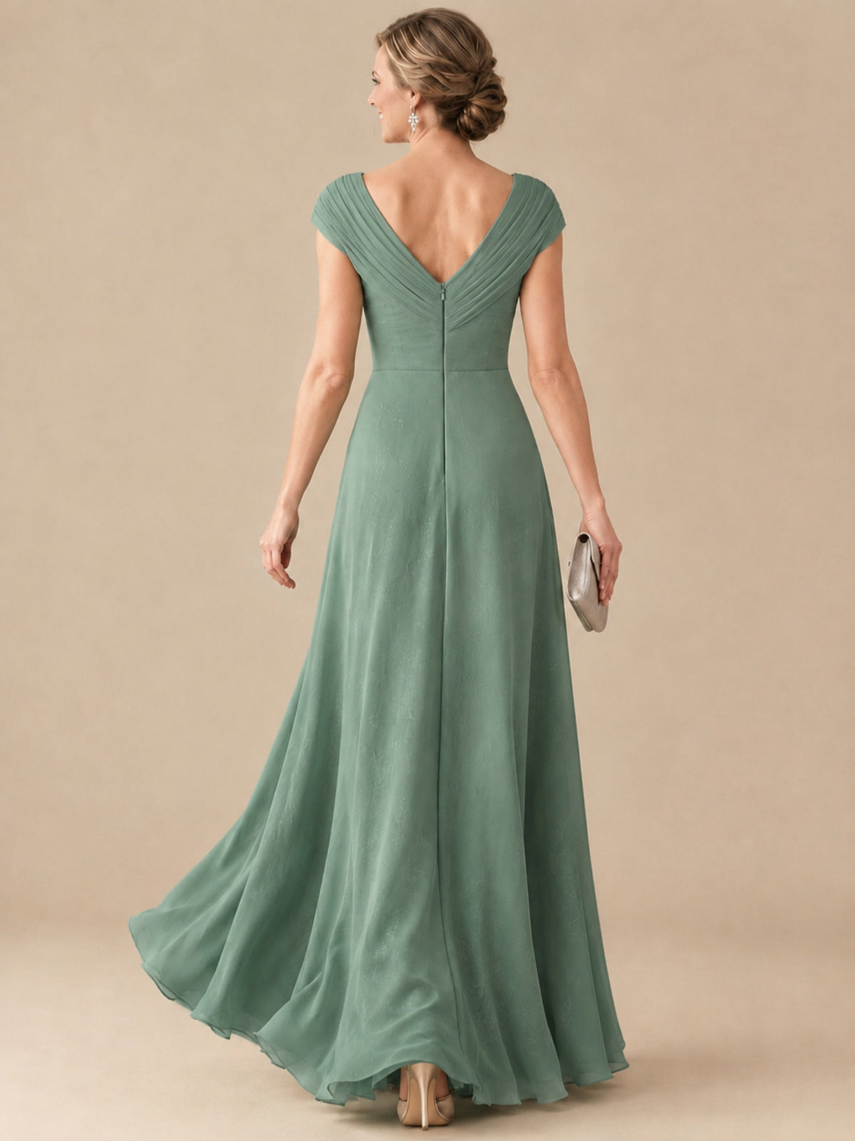 Pleated Chiffon Lace Mother of The Bride Dresses with Beading Cap Sleeves