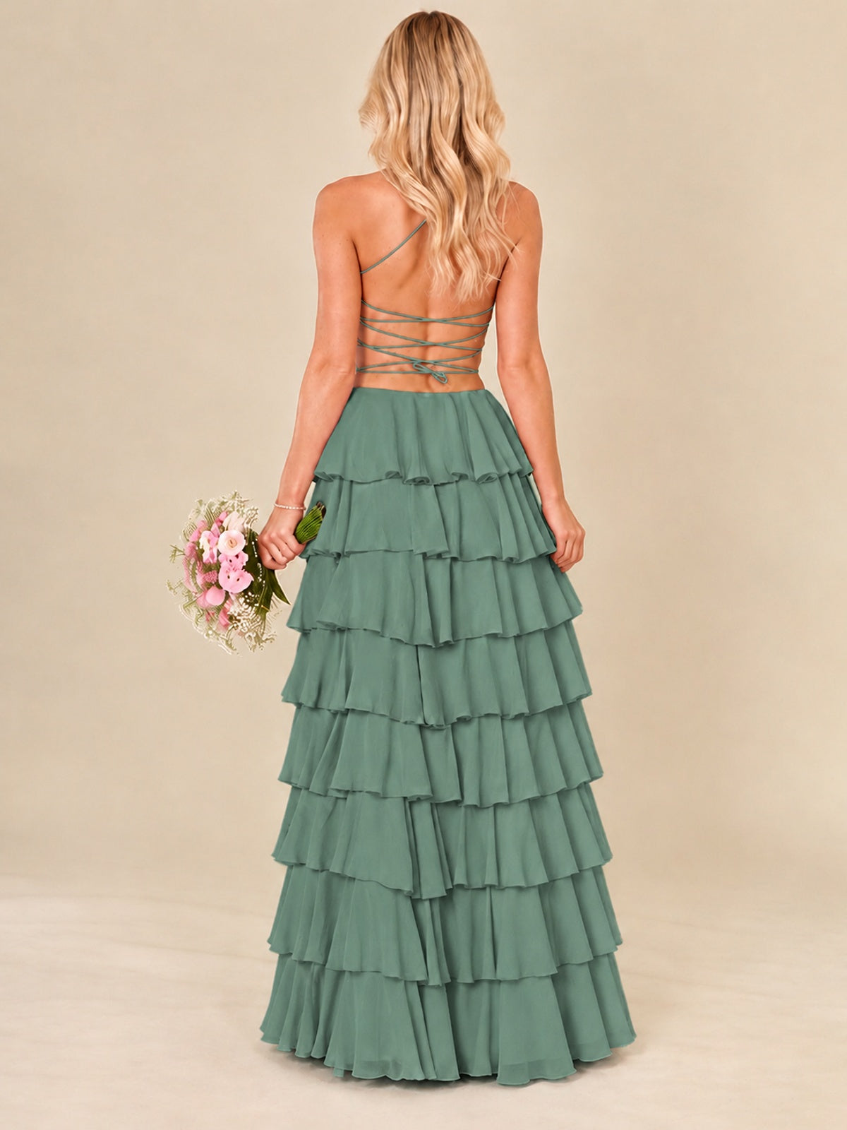 Ruffled Tiered Chiffon Prom Dress Spaghetti Straps Formal Maxi Dress with Slit