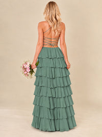 Ruffled Tiered Chiffon Prom Dress Spaghetti Straps Formal Maxi Dress with Slit