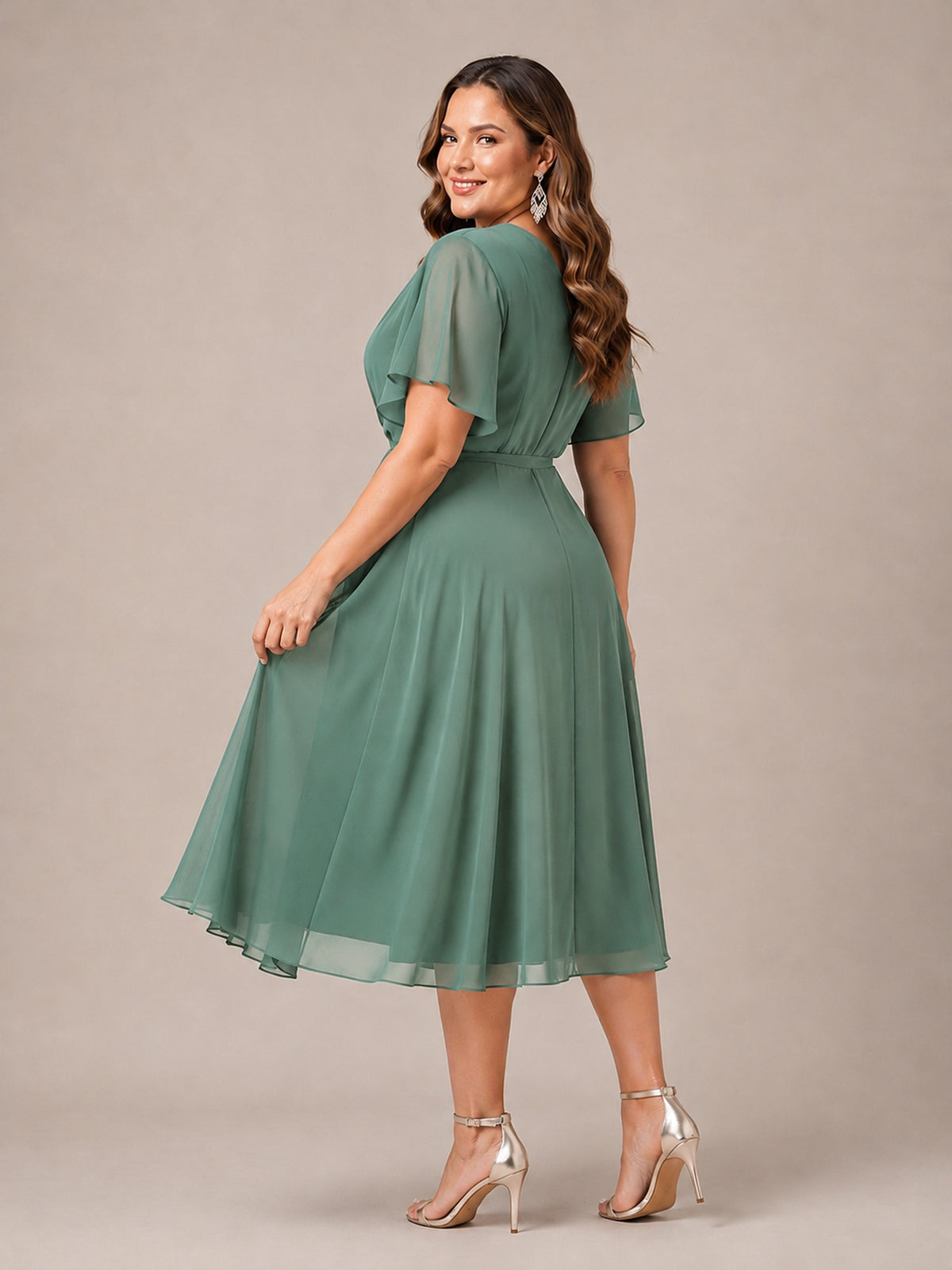 Navy Blue A-Line V-Neck Tea-Length Mother of the Bride Dress