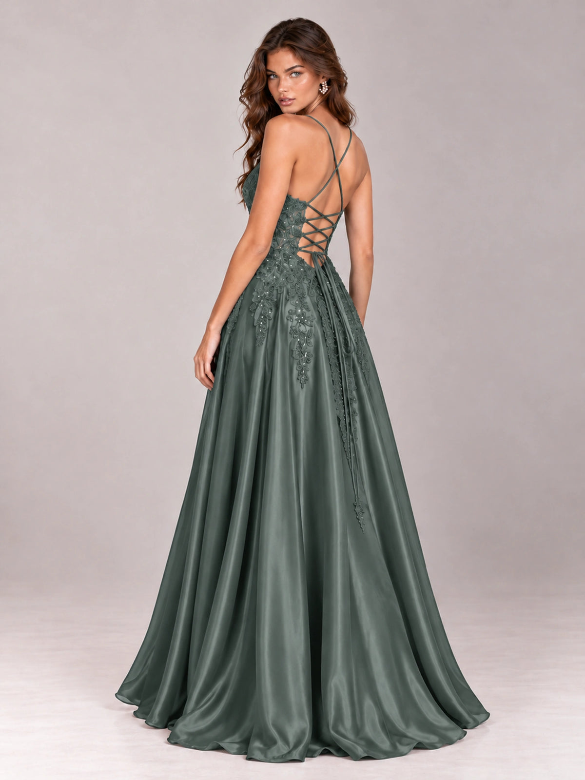 Lace Applique Satin A-Line Prom Dress with Sheer Bodice
