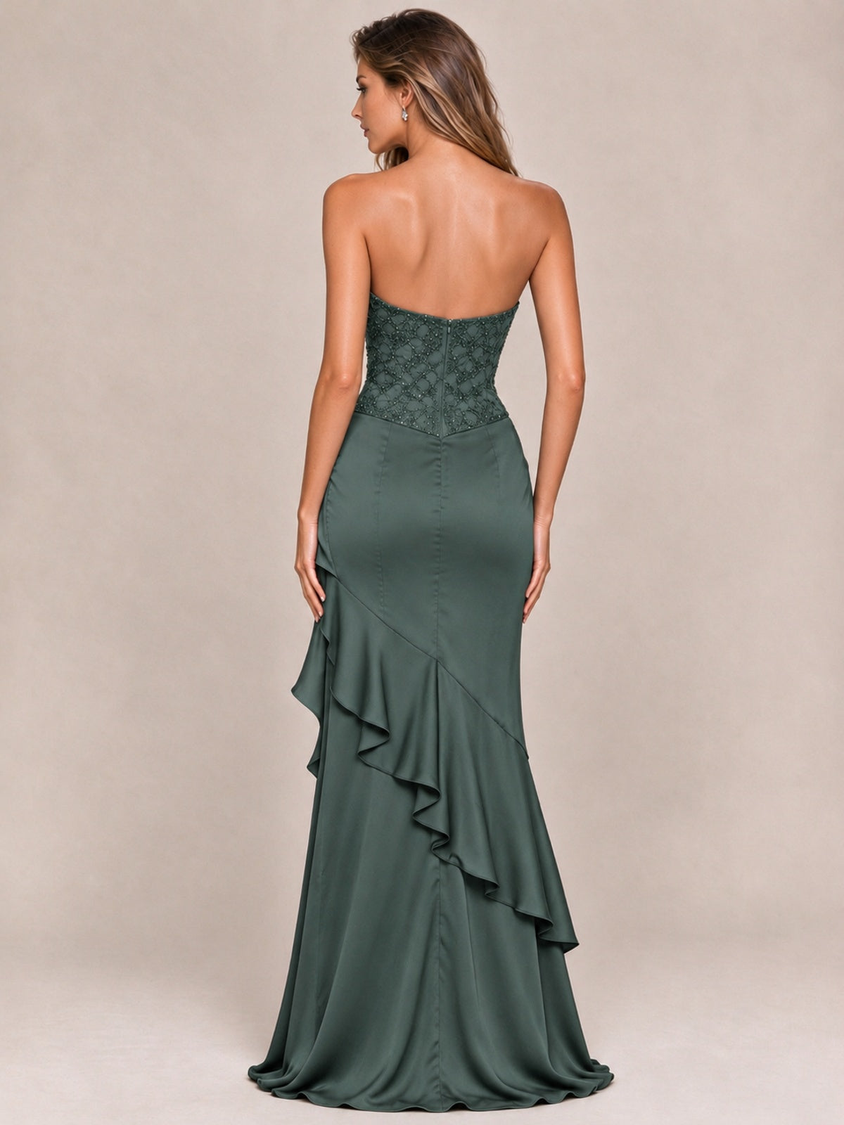 Strapless Lace Appliques Corset Satin Prom Dress Ruffle Slit Evening Gown