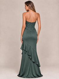 Strapless Lace Appliques Corset Satin Prom Dress Ruffle Slit Evening Gown
