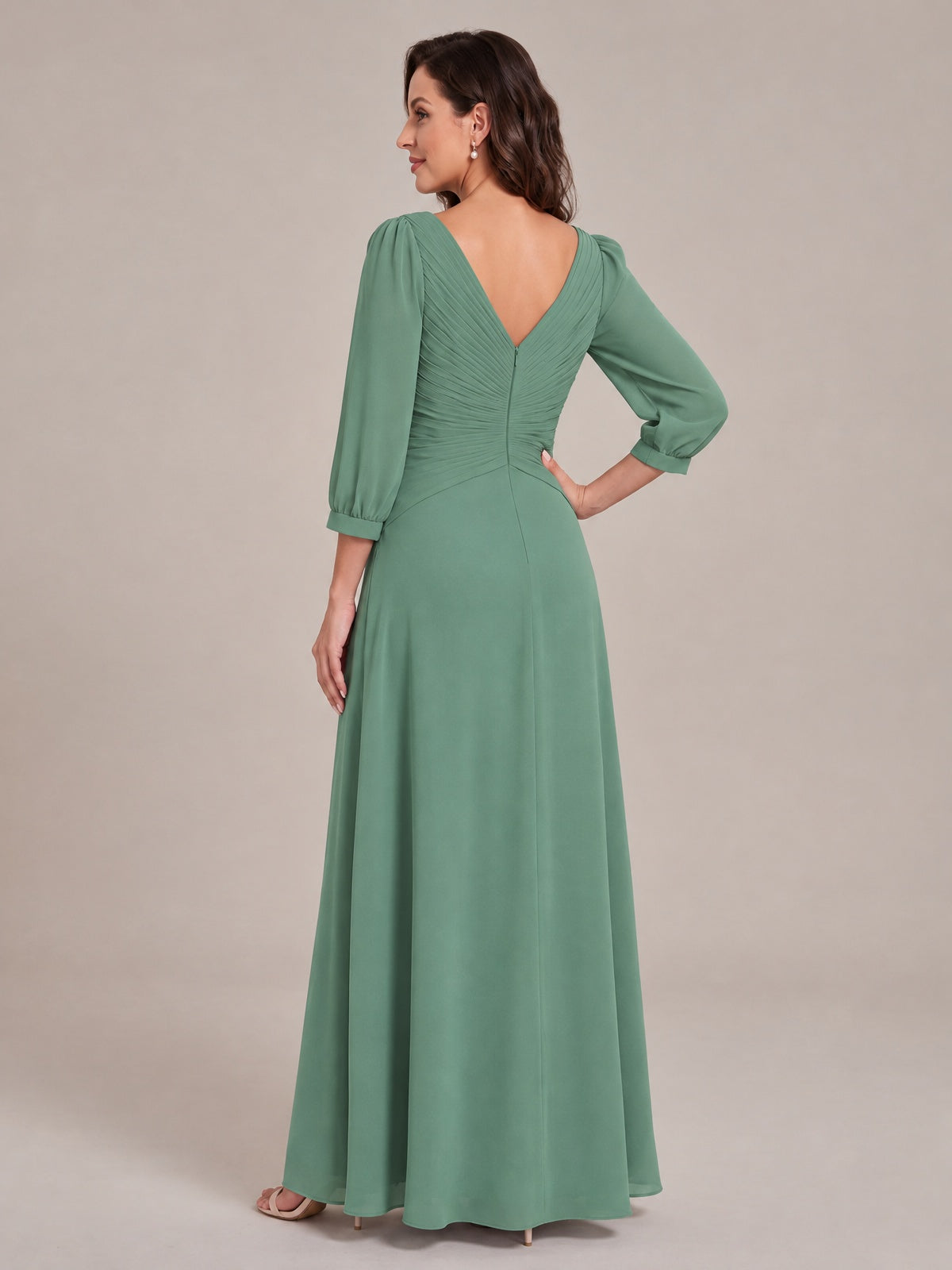 V-Neck Pleated Chiffon Mother of the Bride Dress with Flutter Sleeves