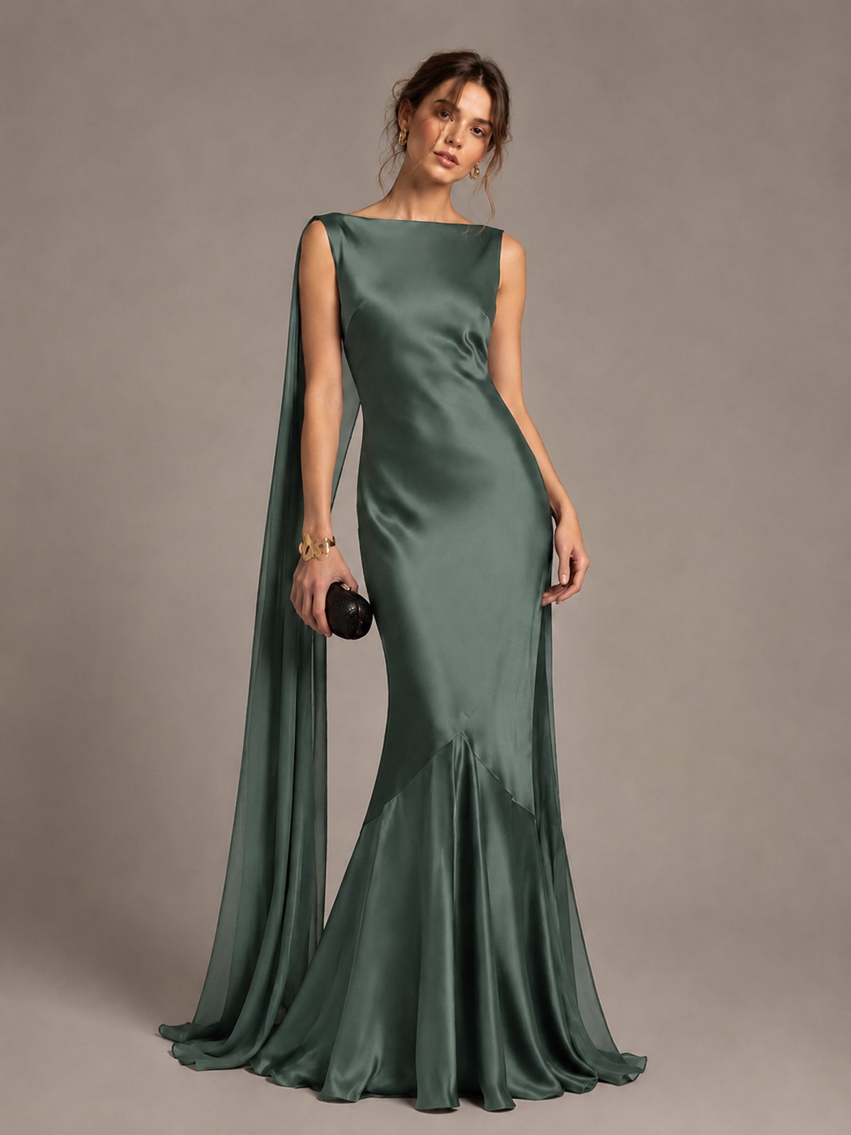 Burgundy Satin Mermaid Cape Maxi Dress