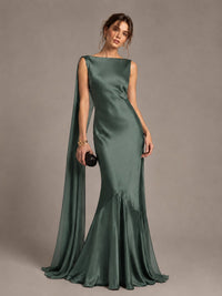 Burgundy Satin Mermaid Cape Maxi Dress