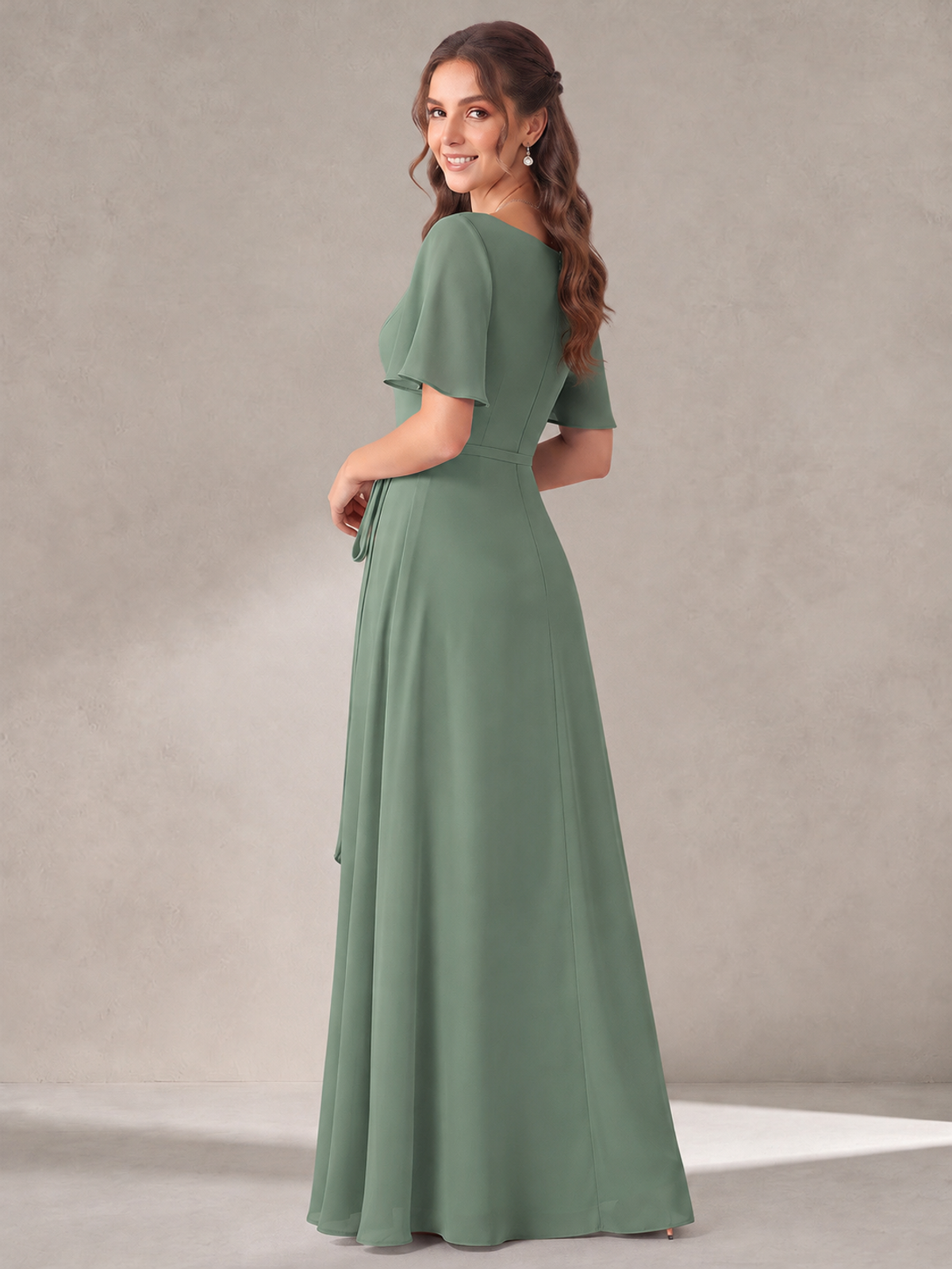 Scoop Neck A-line Chiffon Bridesmaid Dress with Flutter Sleeve & Belt