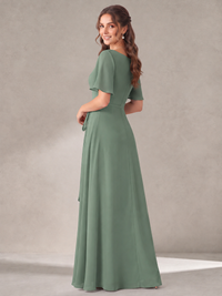 Scoop Neck A-line Chiffon Bridesmaid Dress with Flutter Sleeve & Belt