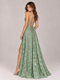 Floral Lace A-Line Prom Dress with Spaghetti Straps & High Slit