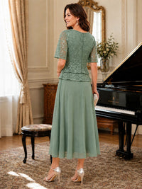 Tea-Length Chiffon Mother of the Bride Dress with Sequin Lace Sleeves