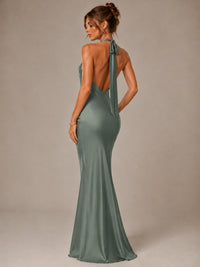 Olive Green Halter Satin Mermaid Maxi Dress