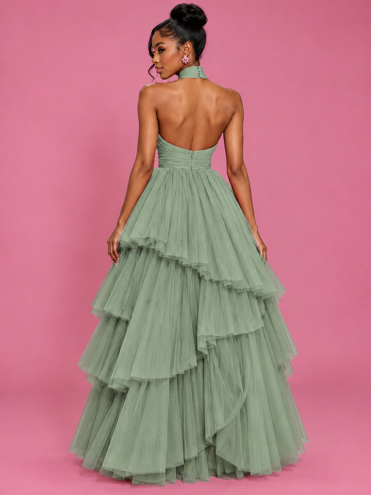 Hot Pink Tulle Halter Neck Tiered Ruffle Maxi Dress