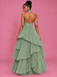 Hot Pink Tulle Halter Neck Tiered Ruffle Maxi Dress