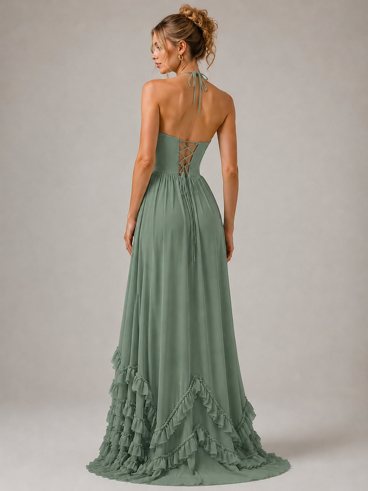 Halter V Neck Chiffon Formal Dress with Lace-Up Back and Ruffle Hem