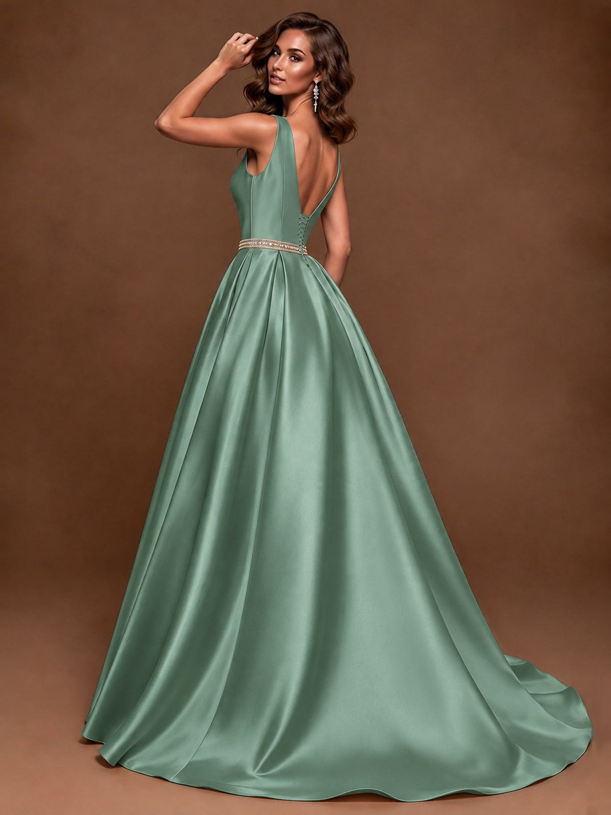 Satin A-Line Prom Dress Sleeveless Beaded Waist Formal Gown with Pockets