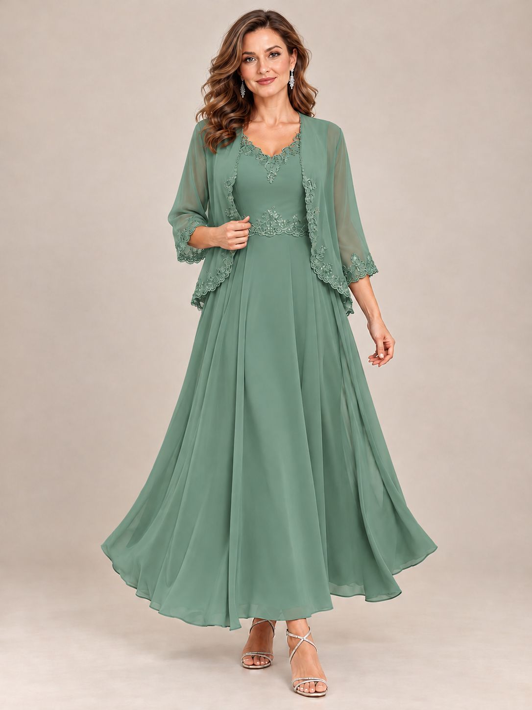 Dusty Blue Floral Lace Chiffon Mother of the Bride Dress with Jacket