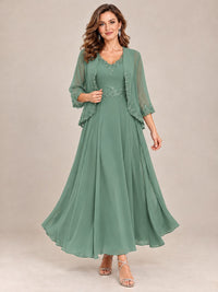 Dusty Blue Floral Lace Chiffon Mother of the Bride Dress with Jacket
