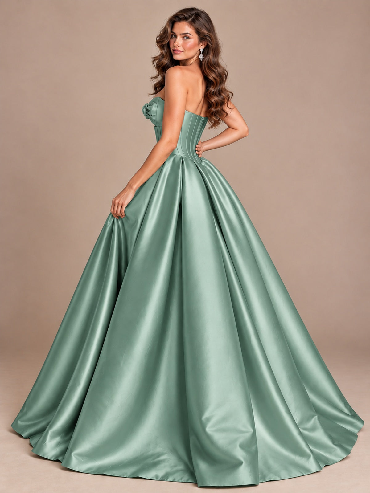 Pink Strapless Corset Satin Prom Derss & Ball Gown with 3D Floral