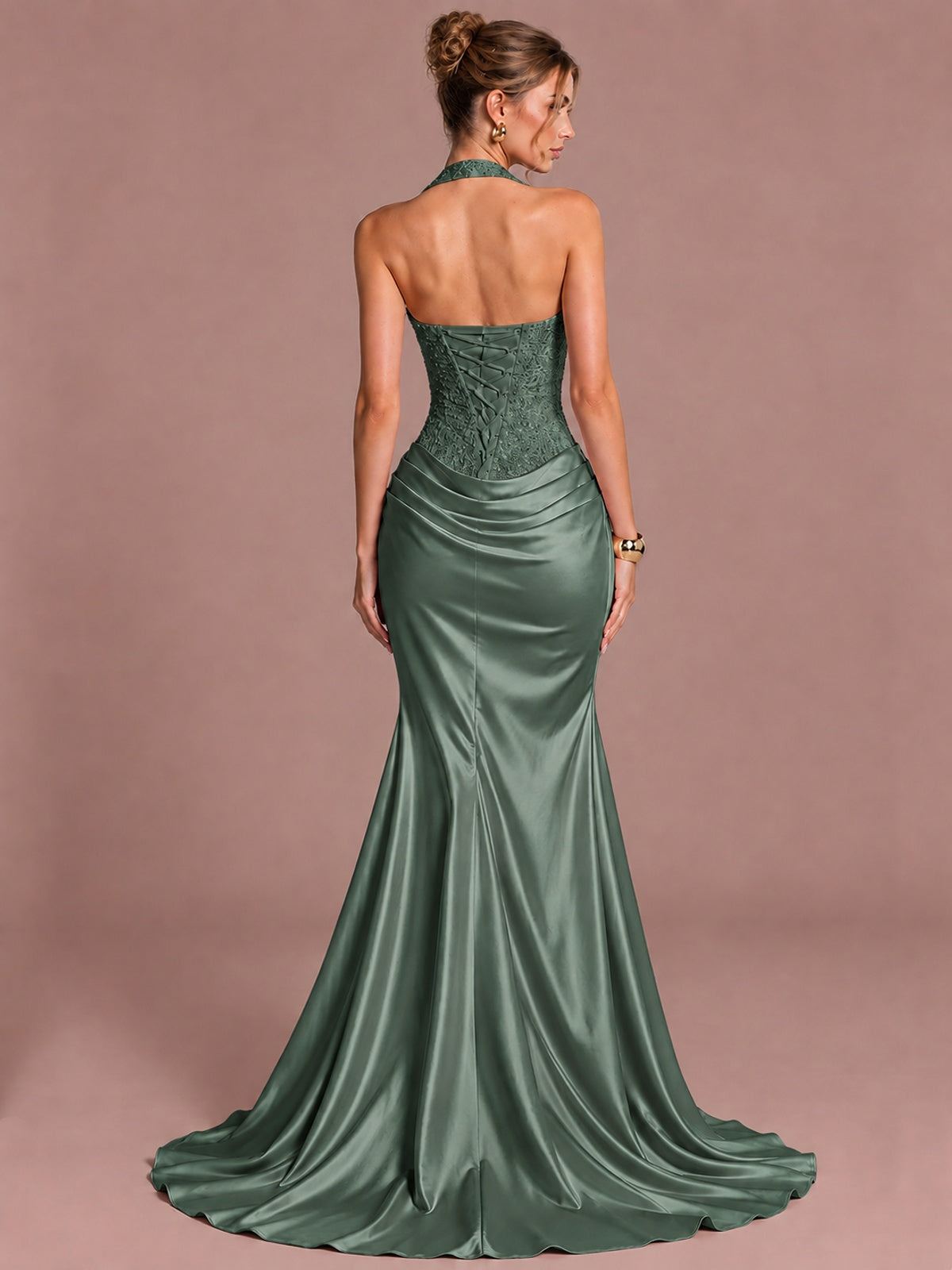 Sparkling Halter Corset Satin Mermaid Prom Dress