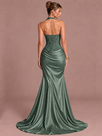 Sparkling Halter Corset Satin Mermaid Prom Dress