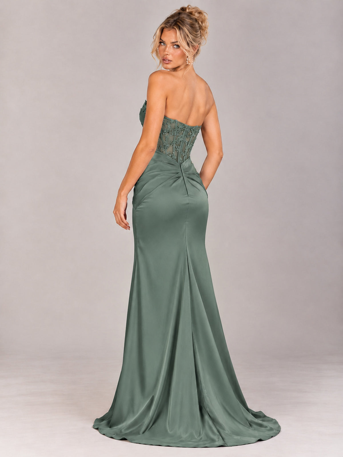 Strapless Satin Prom Dress with Sheer Lace Corset & High Slit