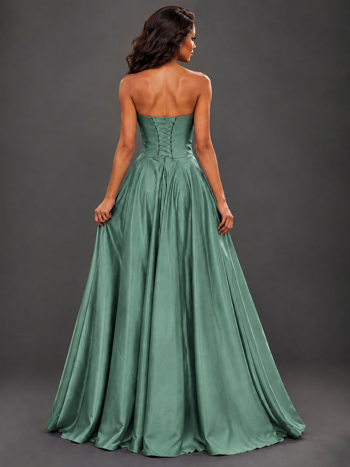 Draped Satin Prom Dress Strapless A-line Formal Dress Floor Length