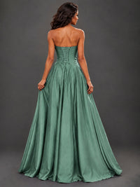 Draped Satin Prom Dress Strapless A-line Formal Dress Floor Length