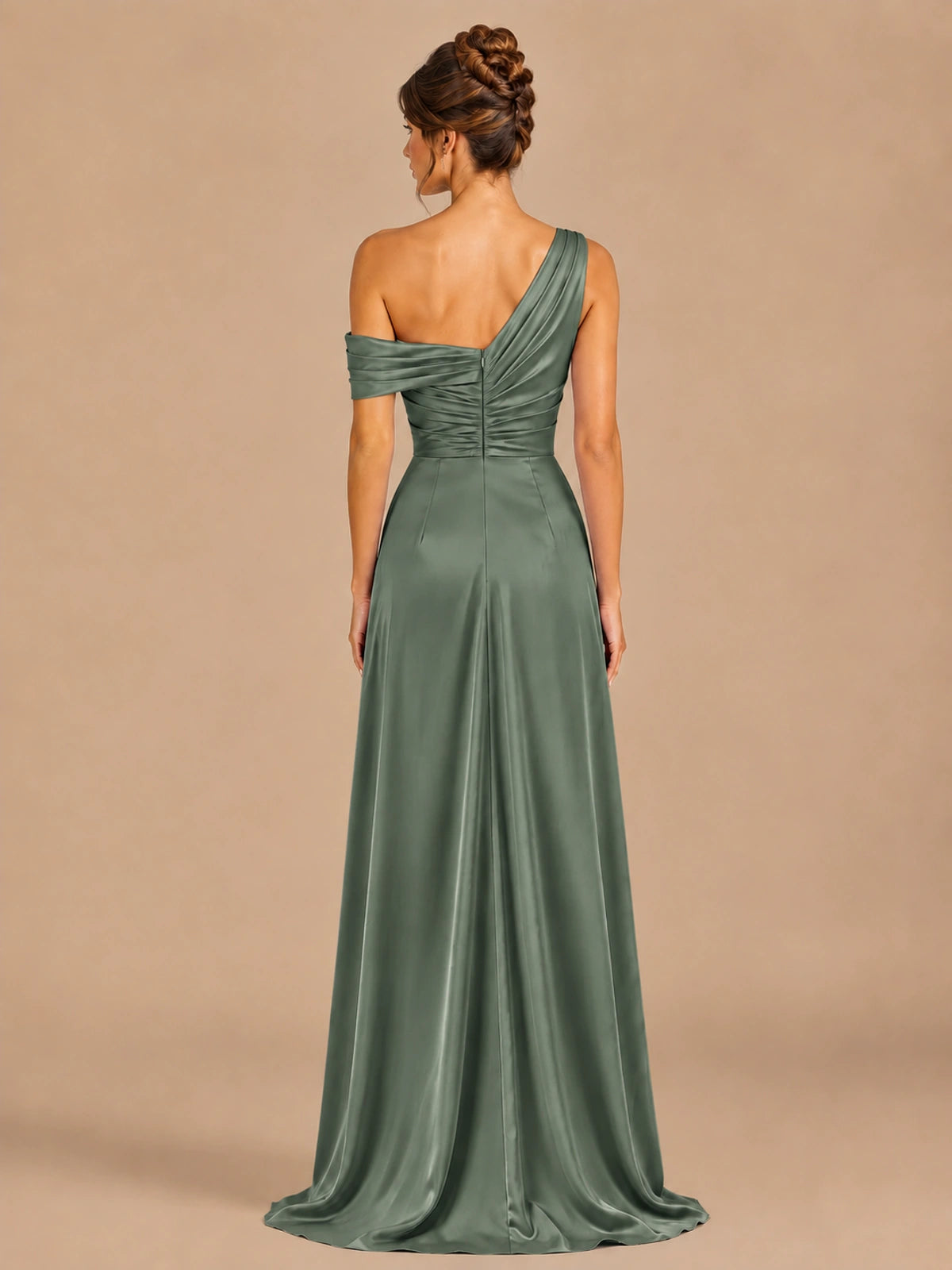 Satin One Shoulder Prom Dress Ruched Long Formal Evening Gown