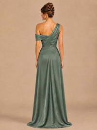 Satin One Shoulder Prom Dress Ruched Long Formal Evening Gown