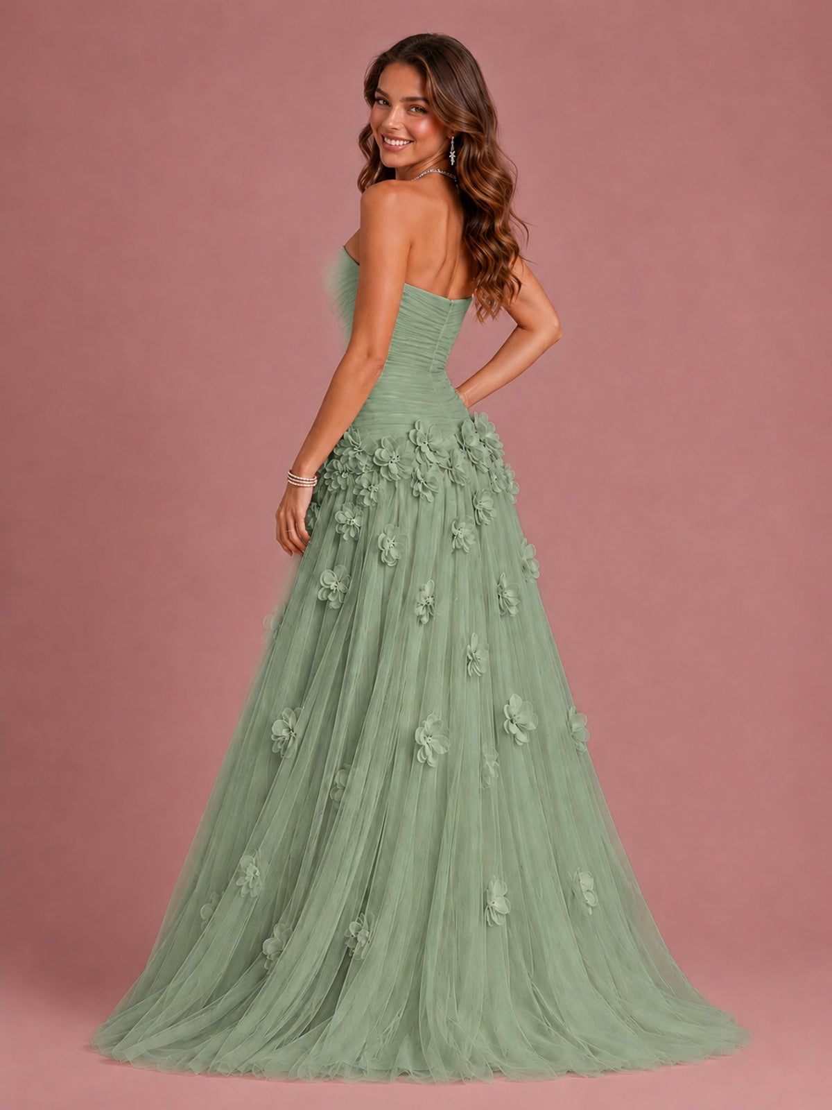 Blush Pink Strapless Sweetheart 3D Floral Tulle Ball Gown Prom Dres