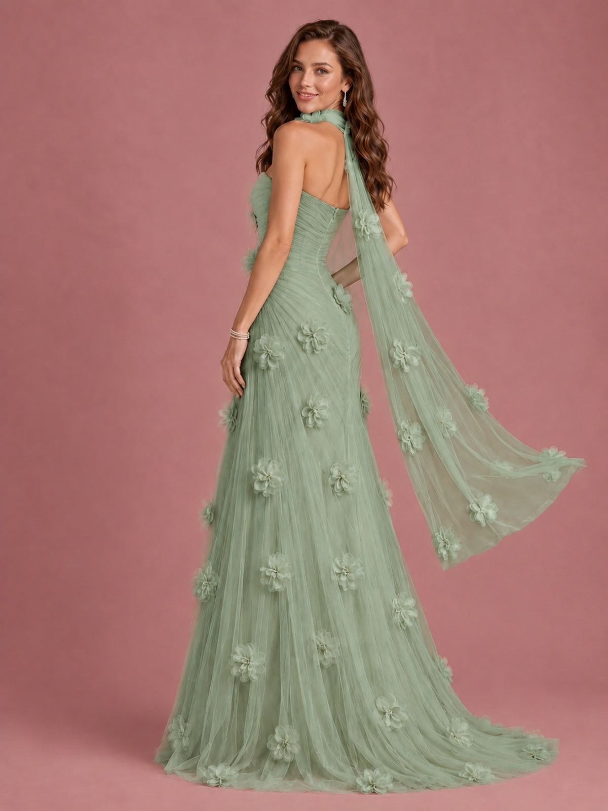 Blush Pink Strapless Sweetheart 3D Floral Tulle Mermaid Prom Dress