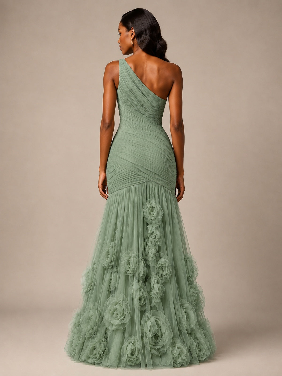 Blush Pink One Shoulder 3D Floral Mermaid Prom Dress