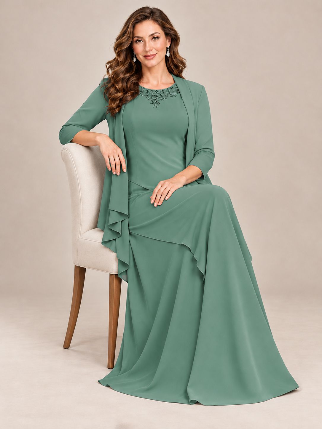 Dusty Blue Two-Piece Chiffon Mother of the Bride Dress with Jacket