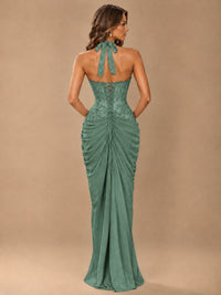 Sweetheart Halter Prom Dress Pleated Lace Floral Formal Dress with Slit