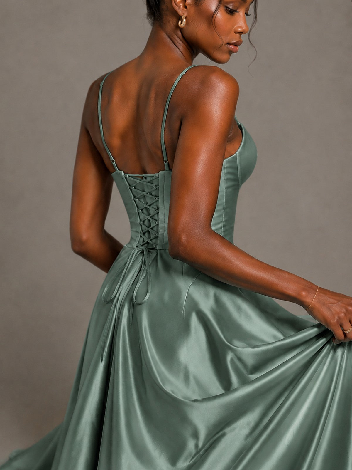Lavender V Neck Satin Prom Dress with Spaghetti Straps