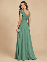 V Neck Pleated Mother of The Bride Dresses with Beading Cap Sleeves